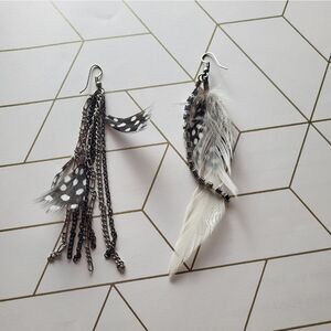 Black and White Feather Earrings with Rhinestone dangles